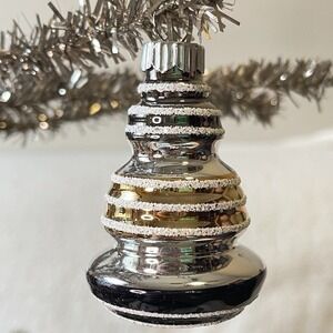 Radko Shiny Brite Glitter Striped Ornament Finial Bells Black Gold Halloween Mcm